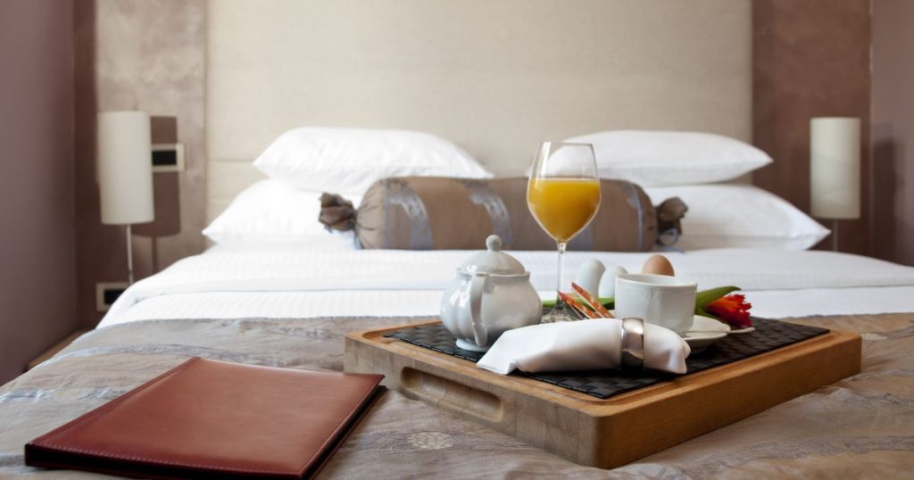 Breakfast served in a bedroom of a guest house.